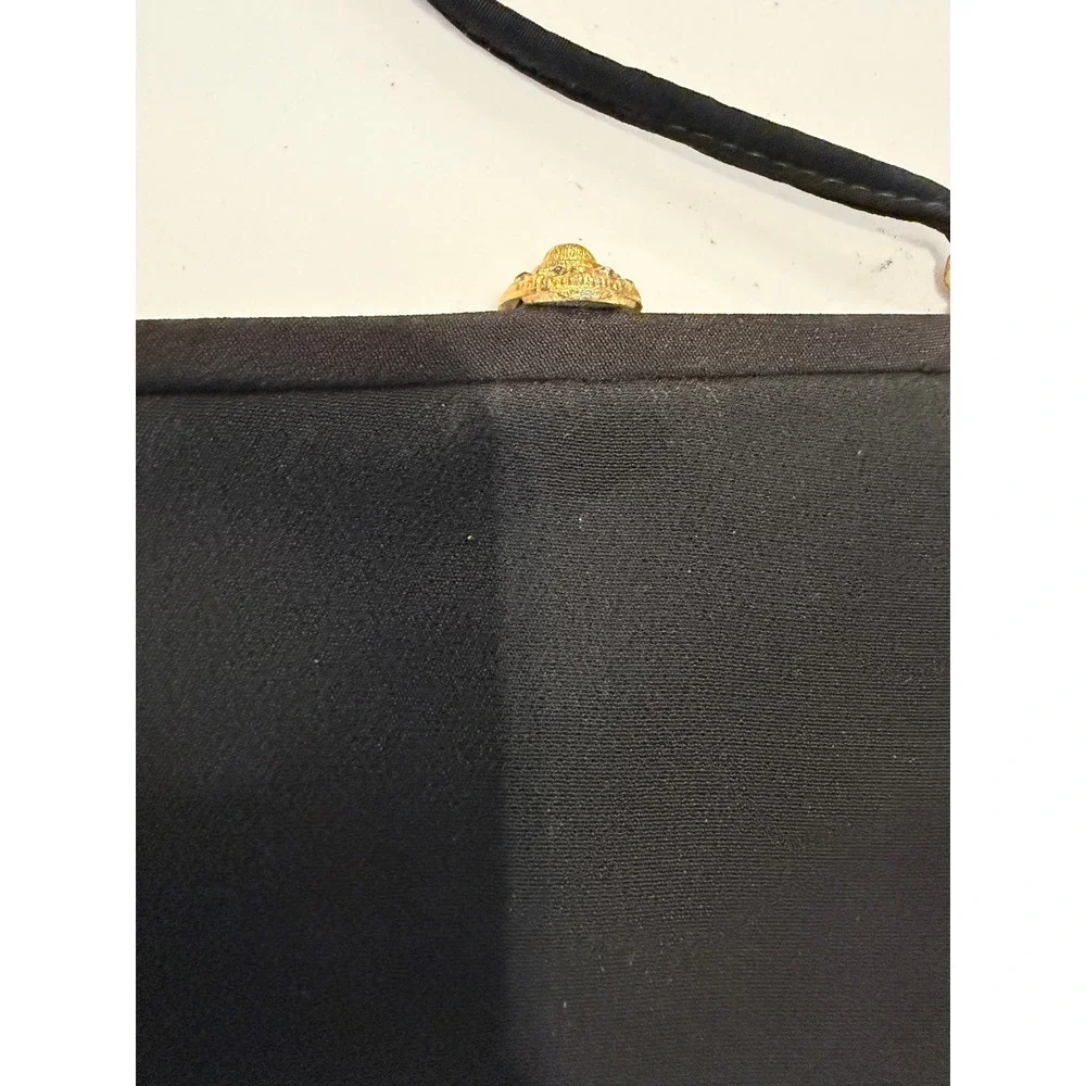 Vintage Black Fabric Evening Bag Gold Rhinestone Clasp Peach Lining Retro Clutch